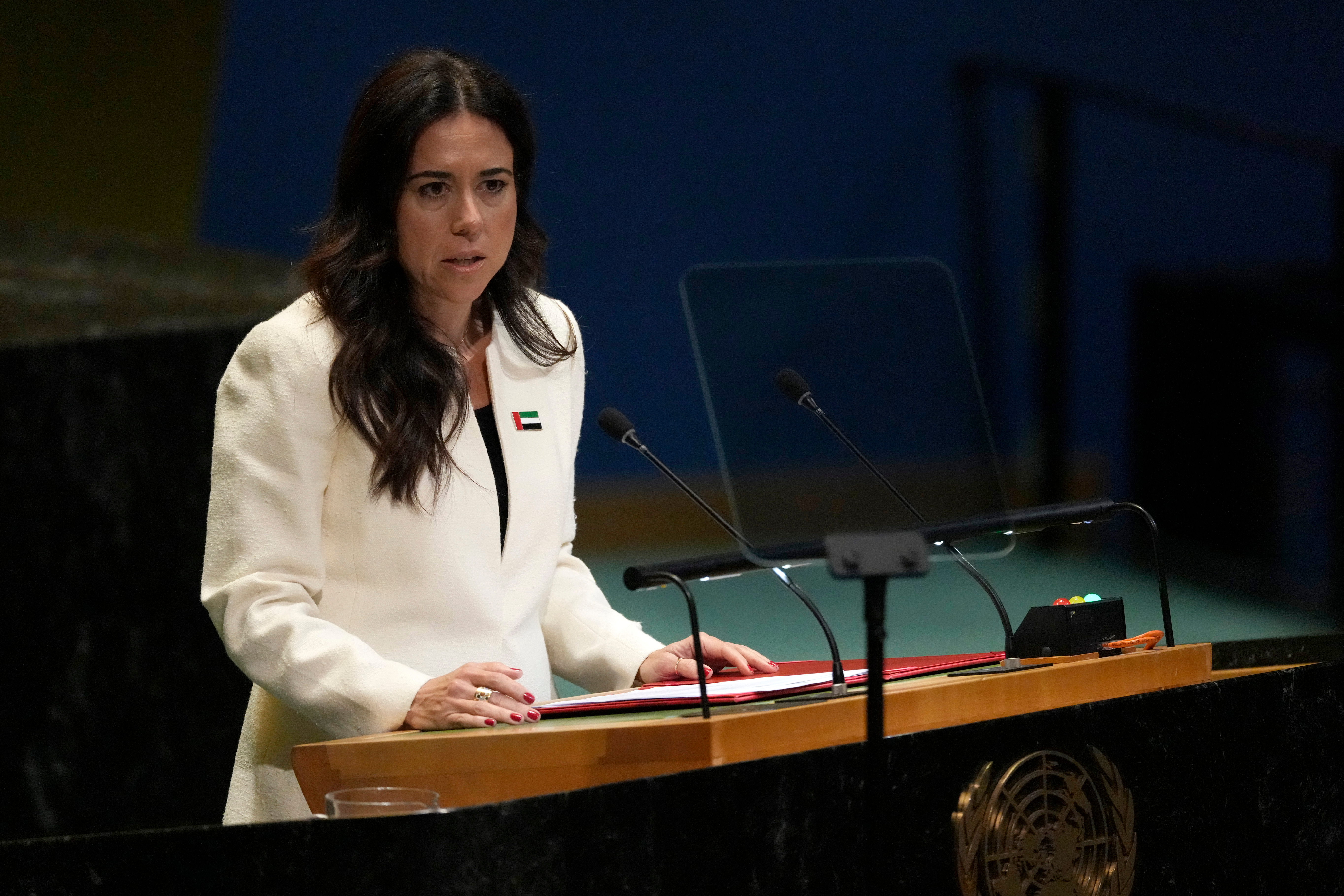 Minister for Foreign Affairs of the United Arab Emirates Lana Nusseibeh addresses the 80th session of the United Nations General Assembly, Saturday, Sept. 27, 2025, at UN headquarters. (AP)
